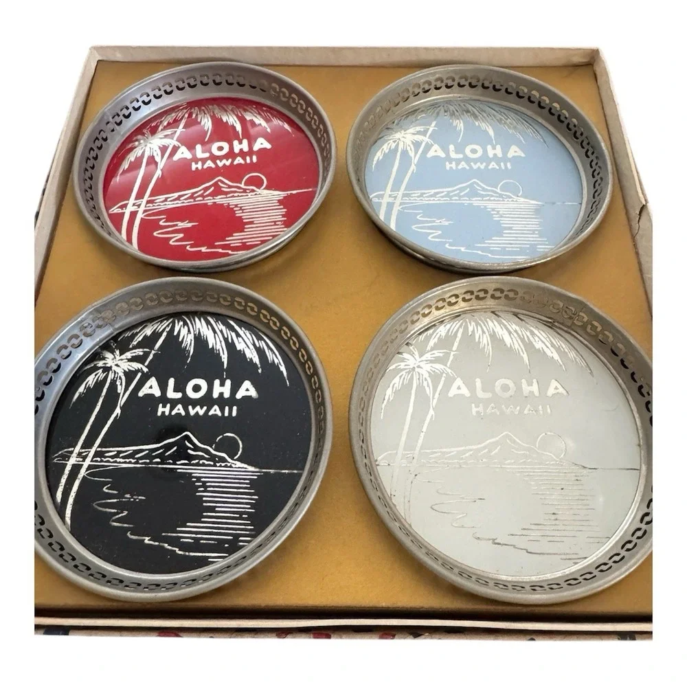 RARE 1950s Hawaii Territory Aluminum Drink Coaster Set Pre-Statehood Vintage